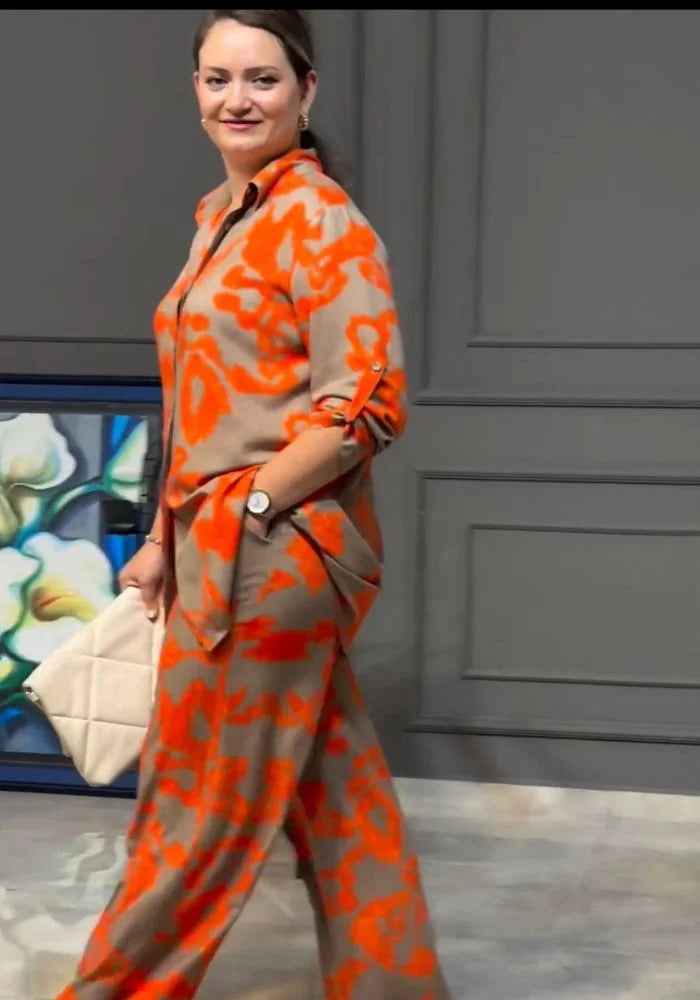 Women’s Orange Printed Co-Ord Set with Wide Leg Pants